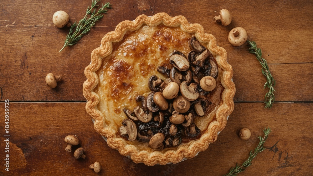 Fototapeta premium A savory tart with mushrooms and chicken, garnished with fresh rosemary and round white peppercorns on a wooden surface.