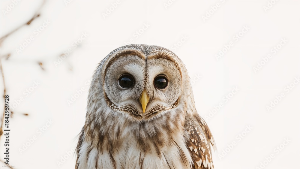 Naklejka premium Close-up of a barn owl with detailed feathers and piercing eyes, set against a blurred background. Wildlife and nature photography, bird species, nocturnal bird. The focus on wildlife and bird iden...