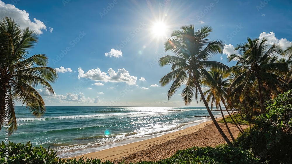 Fototapeta premium Tropical beach with palm trees, sunny sky, ocean waves, and bright sunlight. Perfect vacation and relaxation concept. Coastal scenery with lush greenery and clear blue waters.