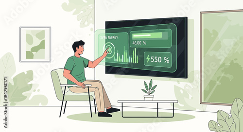 Man interacting with a smart home system displaying green energy consumption metrics