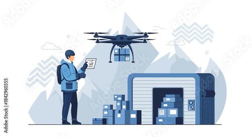 Modern aerial delivery system operating in mountainous terrain with warehouse in the background