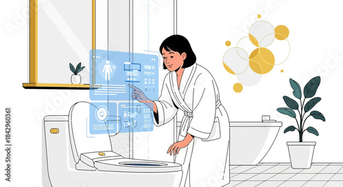Modern bathroom illustration featuring a woman interacting with smart toilet system interface