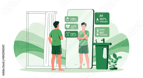 Modern bathroom illustration showcasing a man using a smart mirror for health monitoring and