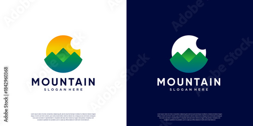 Minimalist logo with a green mountain concept, featuring a sunset, vacation, panorama, vector graphic design.