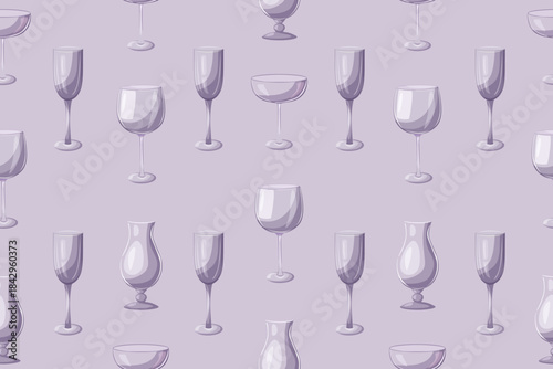 Wineglasses seamless pattern on the lavander background. Vector set of empty glassware cocktail coupe, wine glass, champagne flute, hurricane glass. Cartoon illustration for drink menus.