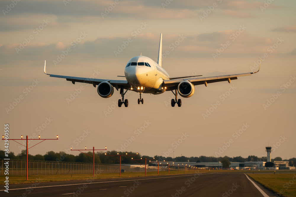 Naklejka premium Airplane landing on runway during golden hour sunset