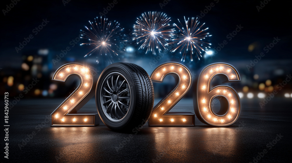 Fototapeta premium A festive New Year automotive scene featuring glowing marquee numbers