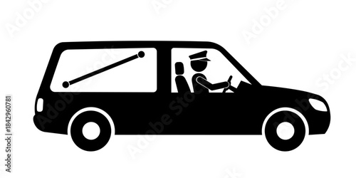 Stickman Driver in a Hearse Car — Minimalist Funeral Vehicle Illustration.