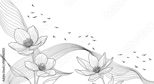 Elegant line art illustration showcasing three blooming flowers, flowing abstract wavy lines, and a graceful flock of flying birds.