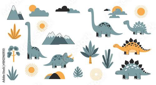 Charming collection of cartoon dinosaur elements, including various species, mountains, suns, clouds, and prehistoric plants, on white.