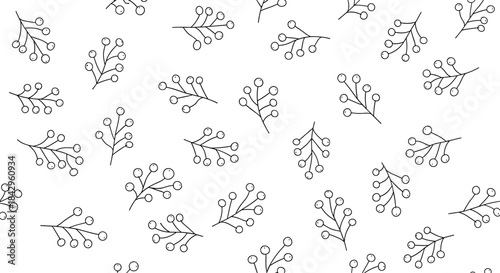 Simple seamless pattern featuring scattered black outline twigs with delicate berries on a clean white background, evoking natural charm.