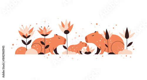 Heartwarming illustration of a capybara family, including two adults and a baby, nestled among stylized flowers and plants.