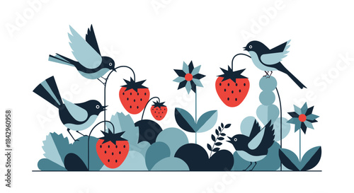 Geometric illustration depicting charming birds interacting with strawberry plants, picking berries and leaves, surrounded by stylized flora.