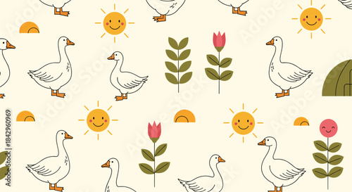 Cheerful seamless pattern depicting cute cartoon geese, happy smiling suns, blooming flowers, and green leaves on a light beige background.