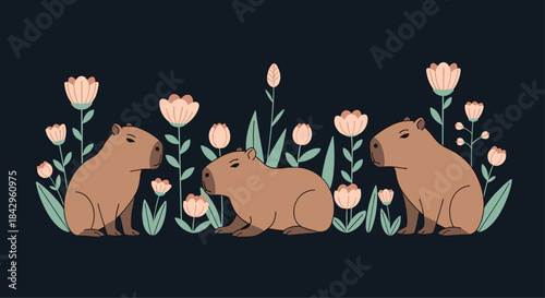 Serene illustration depicting three capybaras peacefully seated amidst a vibrant garden of stylized flowers and lush plants.