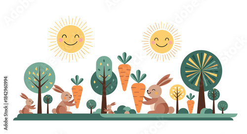Cheerful illustration depicting happy rabbits in a bountiful garden, holding giant carrots amidst trees and smiling suns.