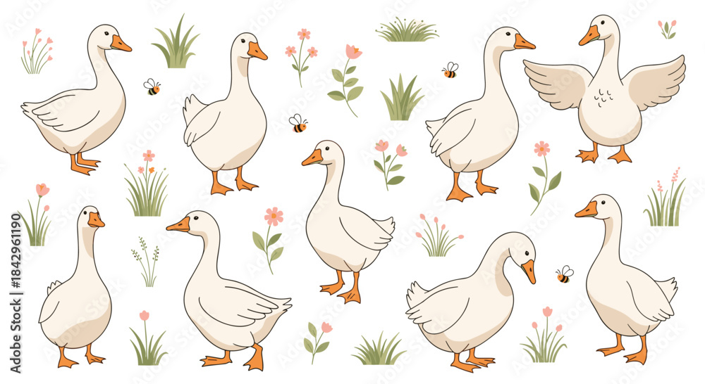 Obraz premium Delightful illustration set showcasing various charming geese in different poses, surrounded by green grass, delicate flowers, and buzzing bees, perfect for farm themes.