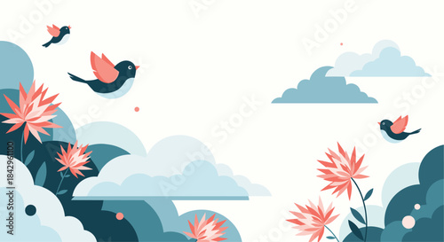Peaceful stylized landscape illustration depicting gracefully flying birds, soft clouds, and abstract floral elements in muted tones.