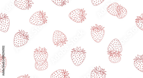 Rustic seamless pattern featuring scattered outline strawberries with a charming dotted texture in a warm red-brown hue on white.
