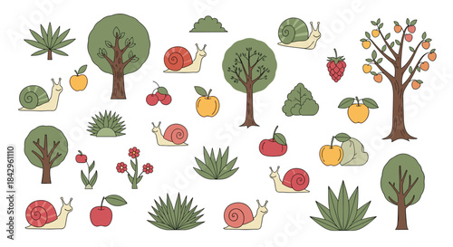 Comprehensive collection of various garden and nature elements, including charming snails, fruitful trees, and vibrant produce, isolated on white.