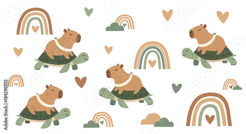 Whimsical seamless pattern featuring adorable capybaras riding on friendly turtles, surrounded by rainbows, clouds, and hearts.