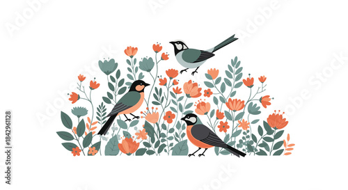 Vibrant illustration depicting three charming birds perched and flying among a lush field of colorful, stylized flowers and leaves.