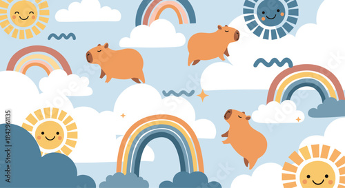 Enchanting seamless pattern for children, showcasing playful flying capybaras, cheerful suns, fluffy clouds, and vibrant rainbows on a serene light blue sky background.