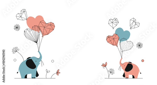 Adorable illustrations of two baby elephants, one blue and one pink, each playfully holding a bundle of patterned heart-shaped balloons, symbolizing love and joy.
