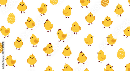 Cheerful seamless pattern for children, featuring adorable yellow chicks in various playful poses alongside decorative eggs on a clean white background, perfect for Easter.
