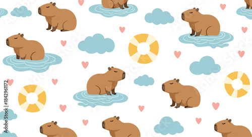 Adorable seamless pattern showcasing cute capybaras floating in water, surrounded by fluffy clouds, bright lifebuoys, and tiny hearts, creating a playful summer scene.