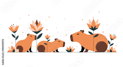Minimalist illustration featuring three charming capybaras of varying sizes sitting gracefully among elegant, stylized flowers in warm earthy tones on a clean white background.