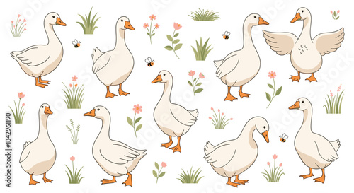 Delightful illustration set showcasing various charming geese in different poses, surrounded by green grass, delicate flowers, and buzzing bees, perfect for farm themes.