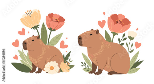 Adorable illustration depicting two charming capybaras surrounded by vibrant, blooming flowers and floating hearts, symbolizing love, nature, and peaceful companionship.