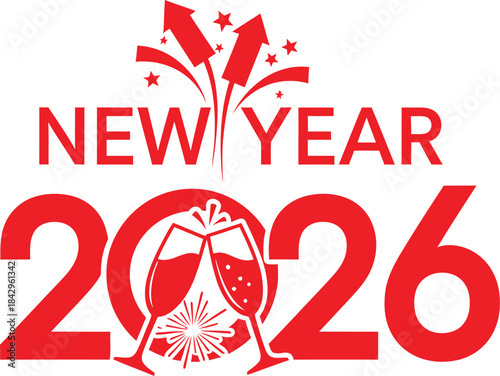 New Year 2026 Celebration with Fireworks and Champagne Glasses