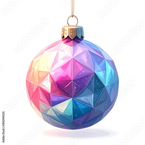 Firefly bauble clipart polygonal low poly frosted pastel color ornament hanging with gold cap, festive geometric Christmas decoration with soft