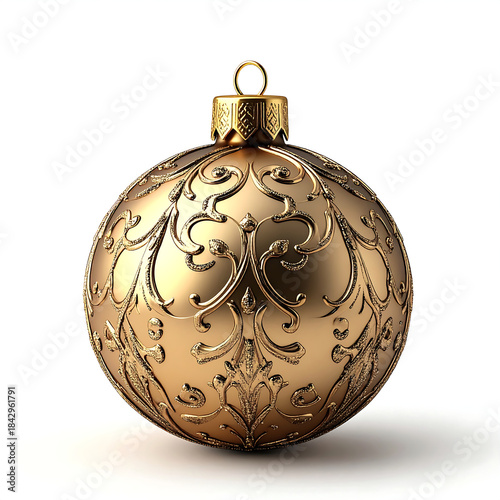 Gold embossed christmas ornament with intricate filigree pattern and warm reflective surface evoking festive elegance