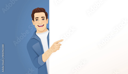 Young handsome man wearing casual outfit pointing with his finger at empty space on billbord for text or advertisement. Vector illustration on blue background
