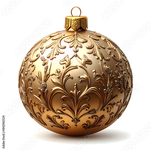 Gold christmas bauble ornament embossed with ornate floral filigree pattern, elegant holiday decoration with warm metallic sheen