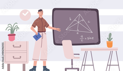 Geometry teacher character show math figure on blackboard