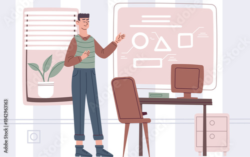 Young man show presentation diagram on screen or board