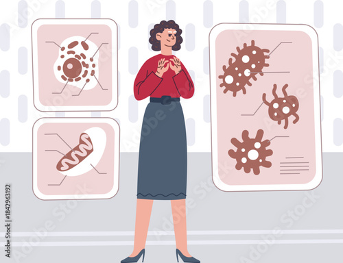 Biology teacher woman show microorganisms education posters