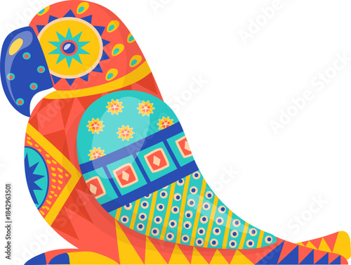 Folk bird ornate figure. Decorative patterned parrot