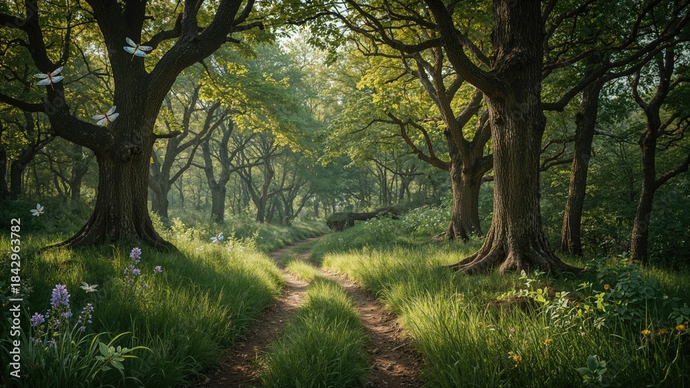 Naklejka premium A forest path surrounded by tall trees with lush green foliage and wildflowers along the trail.