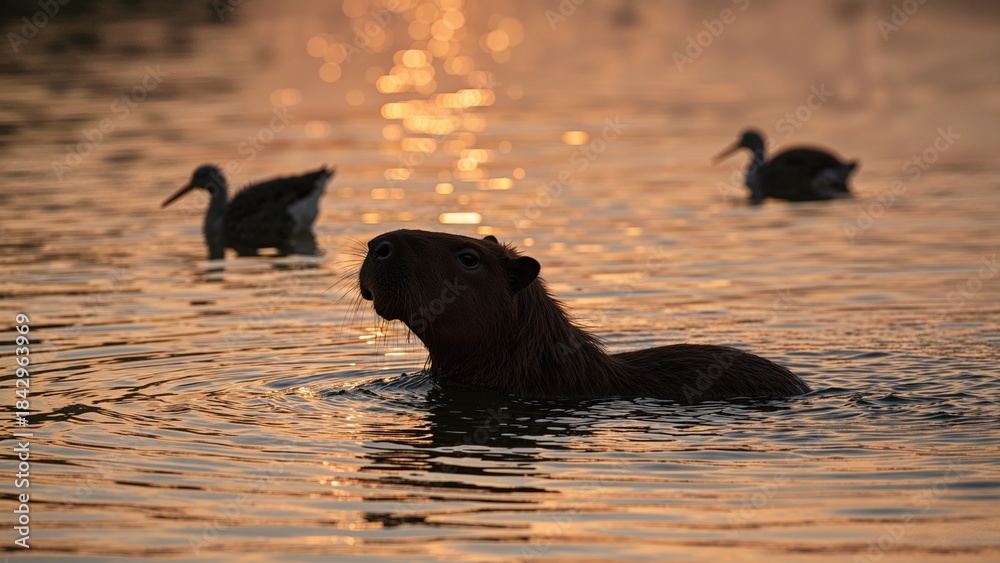 Fototapeta premium A beaver swimming in water during sunset with two ducks in the background. Nature and wildlife, aquatic animals, animals in their habitat. The scene highlights aquatic wildlife at dusk.