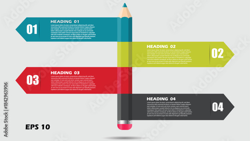 4 Steps Pencil Infographic Vector Template, Horizontal Education and Creative Process Flow Chart for Learning, Strategy, and Simple Data Visualization Layout.