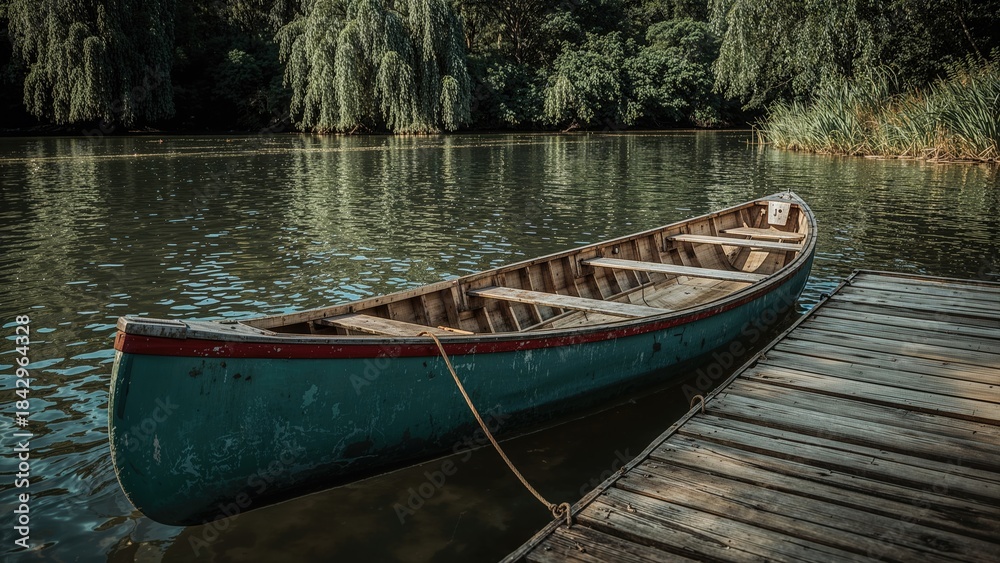 Obraz premium A boat tied to a dock on a calm lake with lush trees in the background.