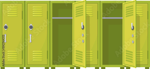 Gym lockers in cartoon style. Green metal cabinets