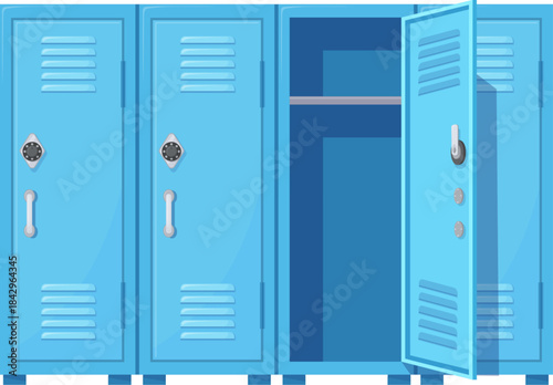 Blue lockers closed and open doors cartoon icon