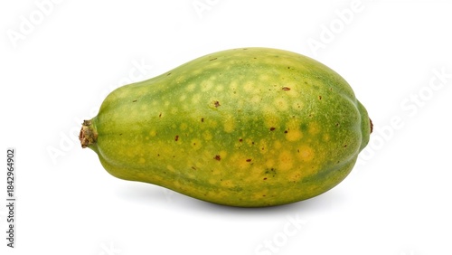 A green, spotted fruit with a bulbous shape and smooth skin.