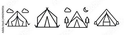A set of four minimalist line art icons representing different camping tents for outdoor activities and travel Vector
